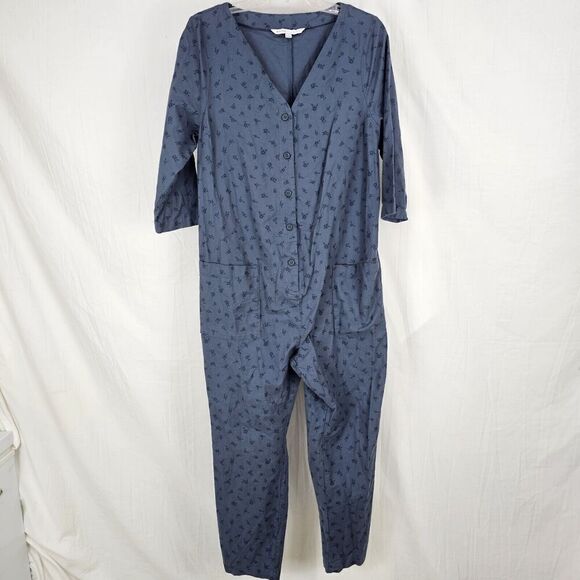 The Nines by Hatch Maternity Jumpsuit Womens Size M Cotton Blue Floral V Neck - Picture 2 of 7